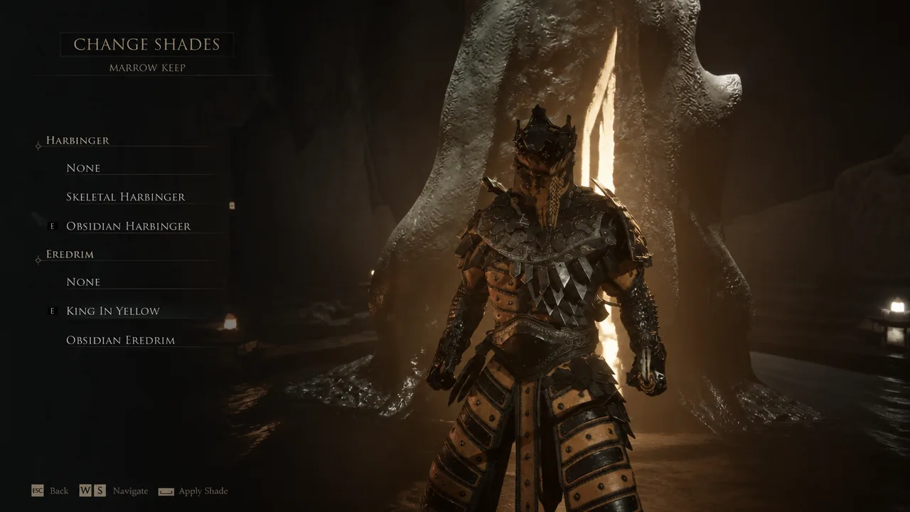 Change Shades menu open in Marrow Keep with the Obsidian Harbinger option and a character preview