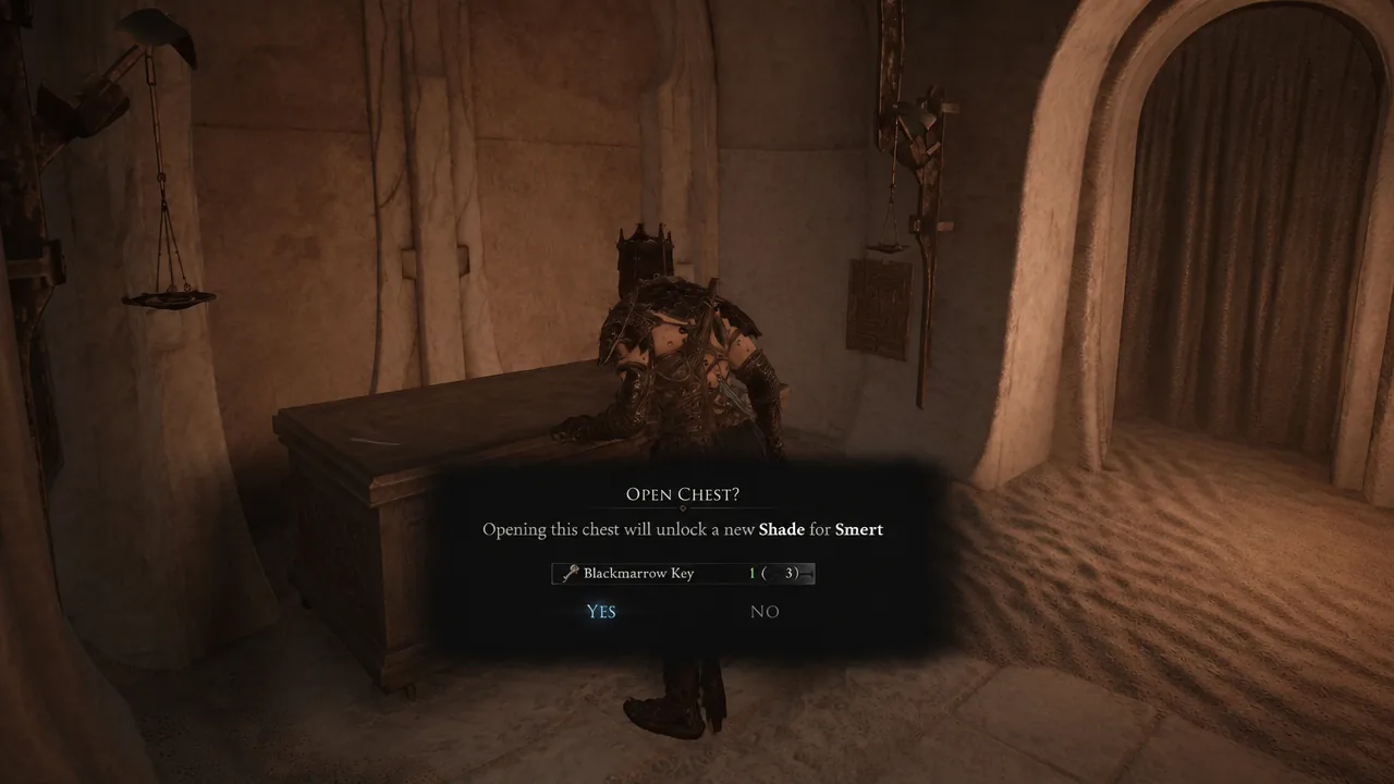 Open Chest confirmation prompt showing an available Blackmarrow Key with YES selected