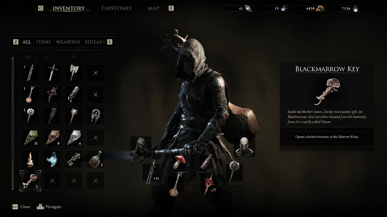 Inventory screen with the Blackmarrow Key highlighted and its item description visible