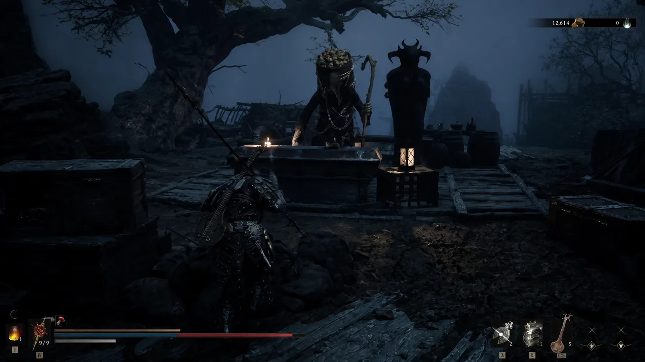 Player approaching a hooded merchant seated behind a counter at night
