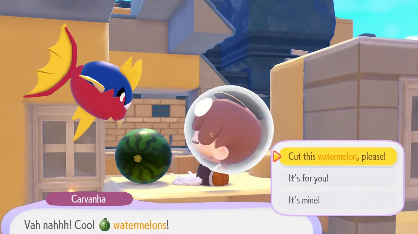 Asking Carvanha to cut watermelon slices in pokopia