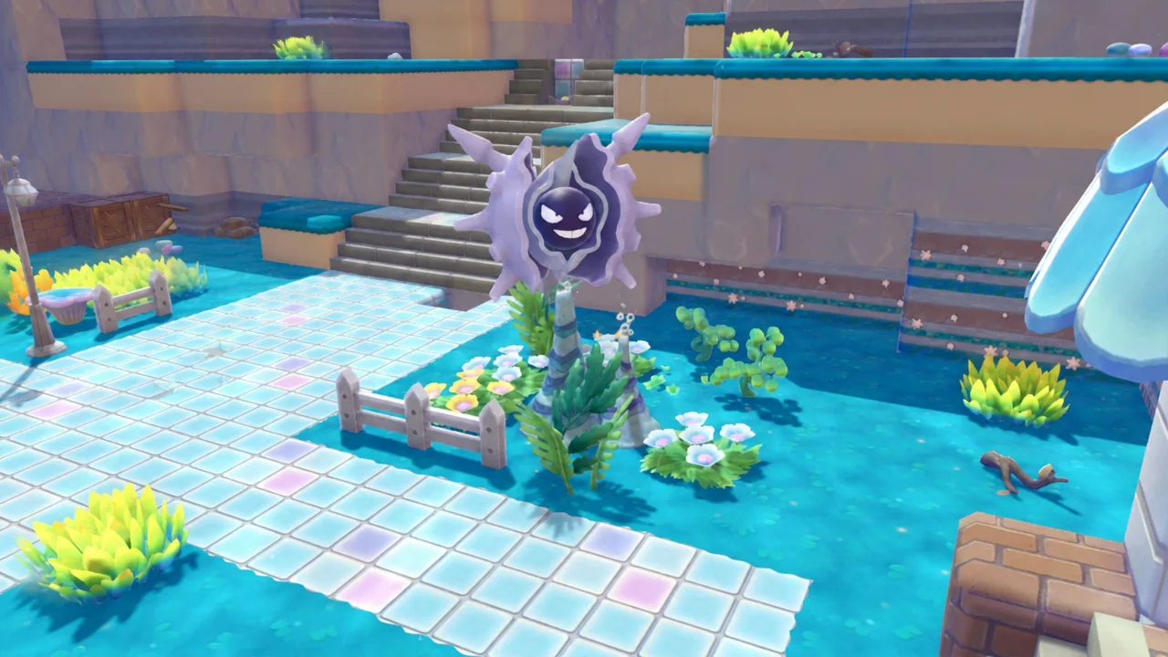 Cloyster sitting among seabed flowers and seaweed on the ocean floor in Pokopia