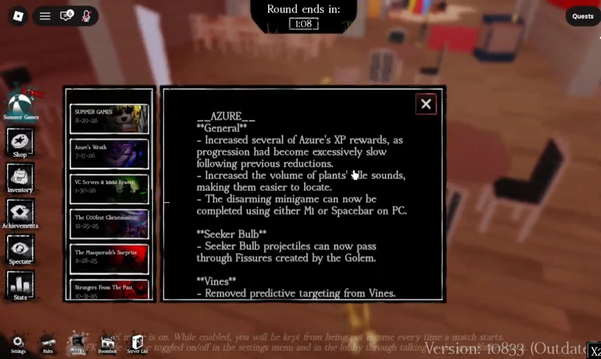 Forsaken patch notes open to the Azure section with Seeker Bulb and Vines adjustments