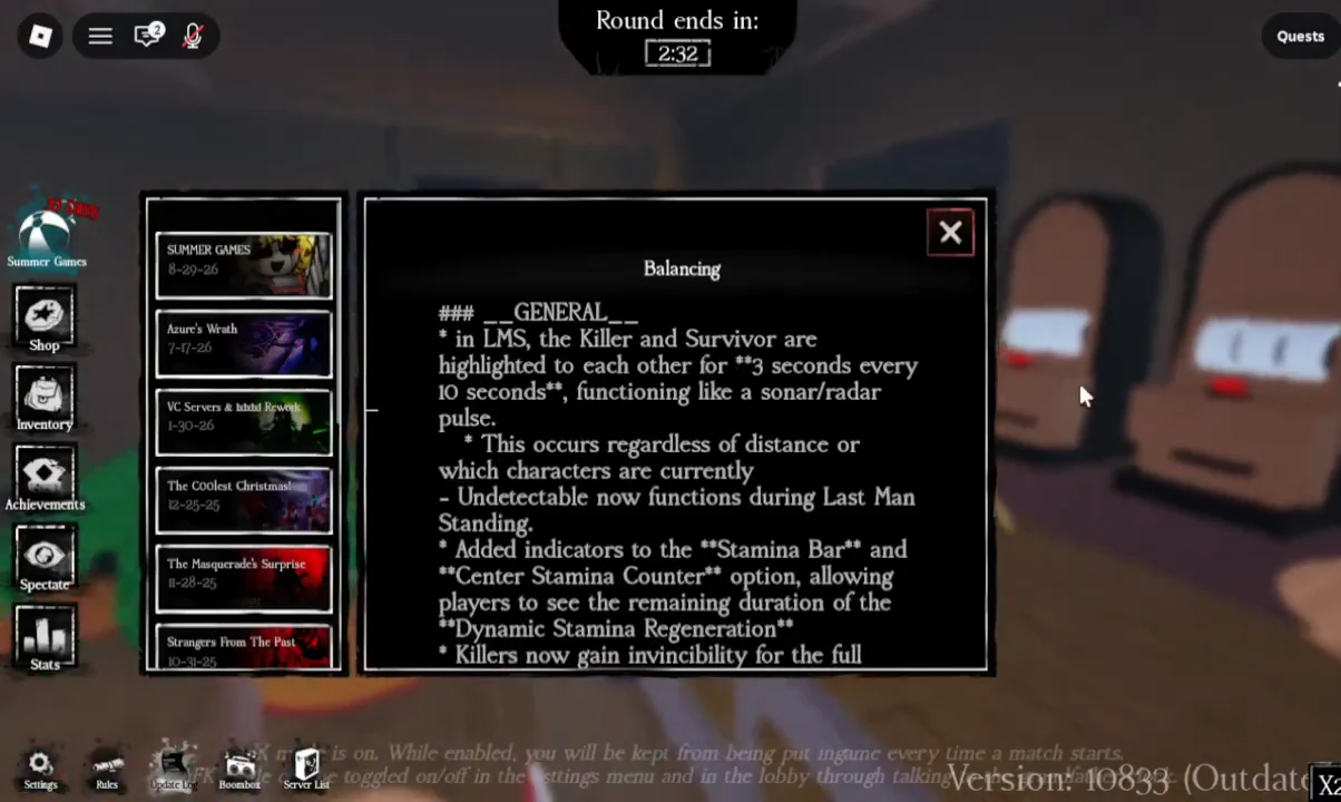 The Balancing tab of the Forsaken update log showing general gameplay changes