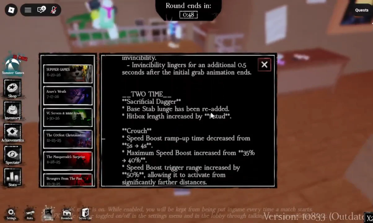 Update notes panel showing Two Time balance changes including Sacrificial Dagger and Crouch