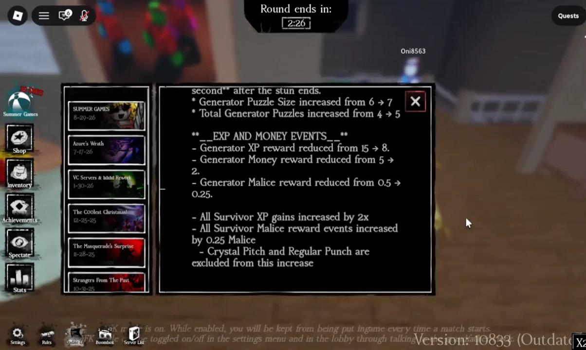 Forsaken patch notes panel listing the EXP and money event changes for the update