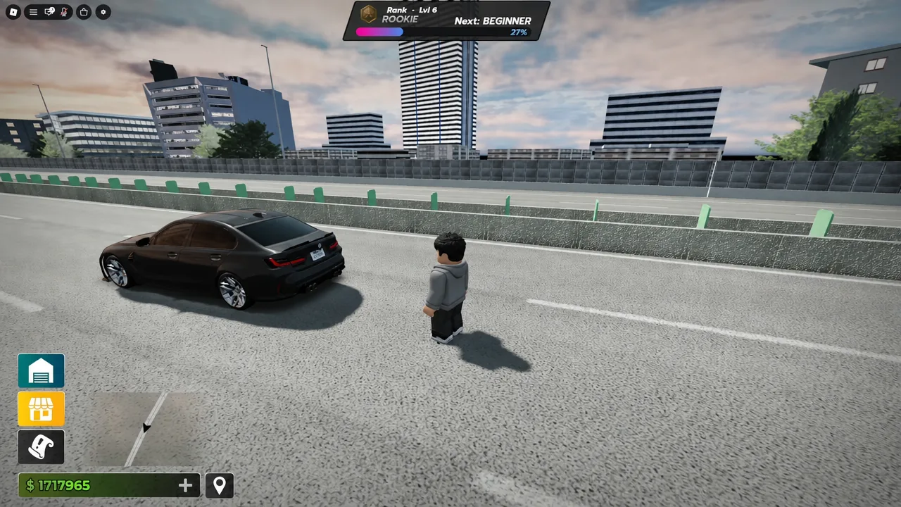 Player avatar standing beside the matte black Weinchen sedan with the Rank progress HUD on screen