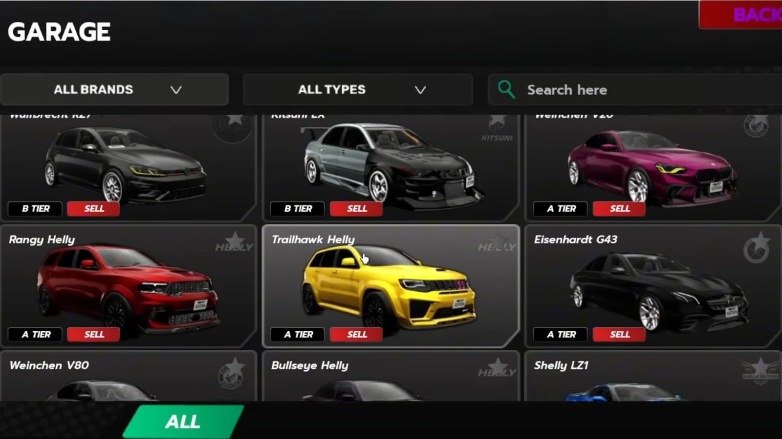 Garage car list with the Trailhawk Helly card highlighted under the All Brands filter
