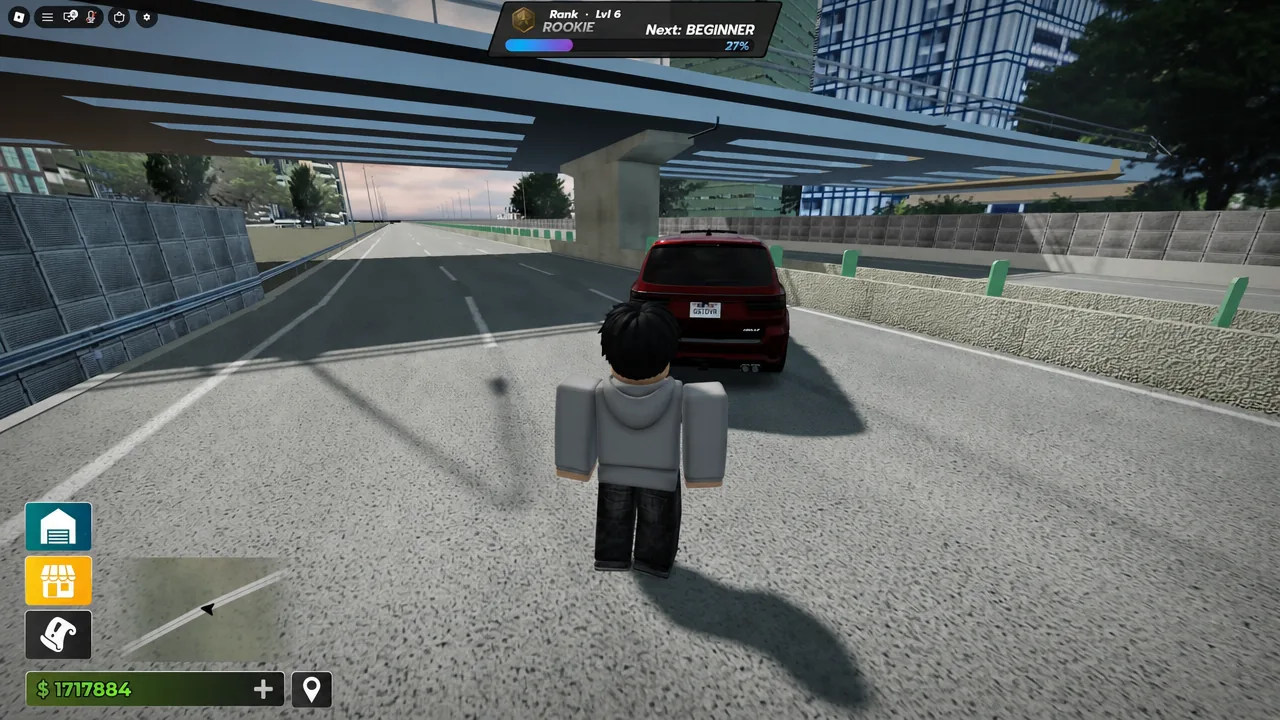 Player avatar approaching the red Rangy Helly parked on the roadway