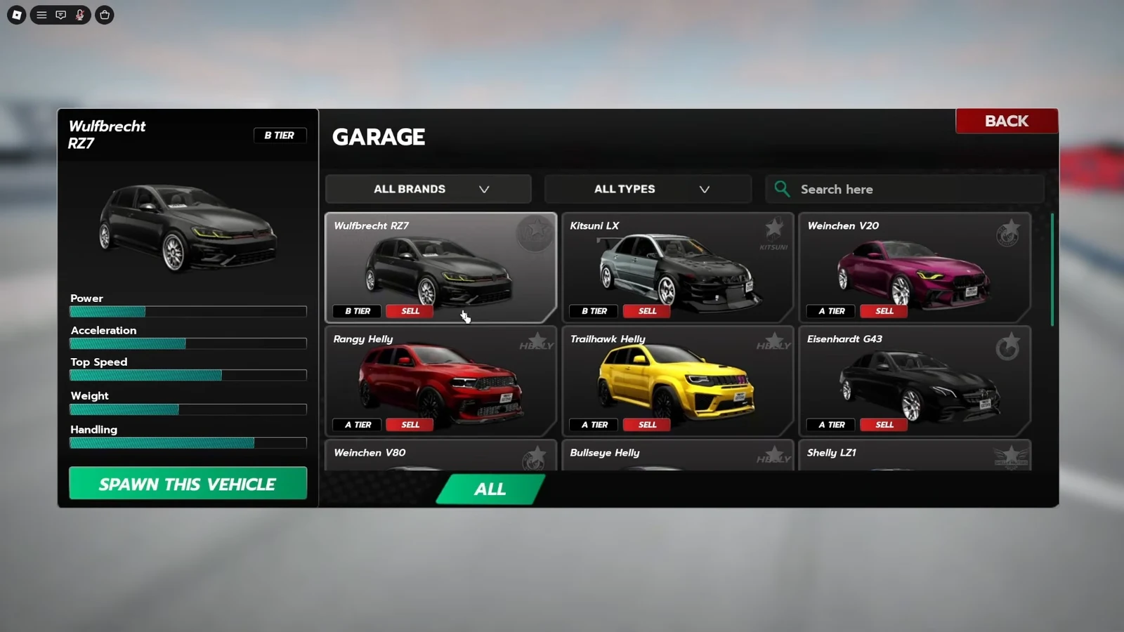 Garage menu with the Wulfbrecht RZ7 selected and the spawn vehicle button visible