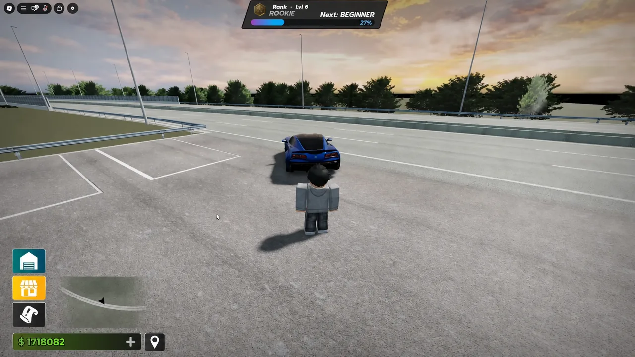 Player avatar approaching the blue Shelly LZ1 sports car before entering it