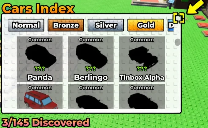 The Cars Index open in My Toll Farm with the expand button highlighted in the top-right corner