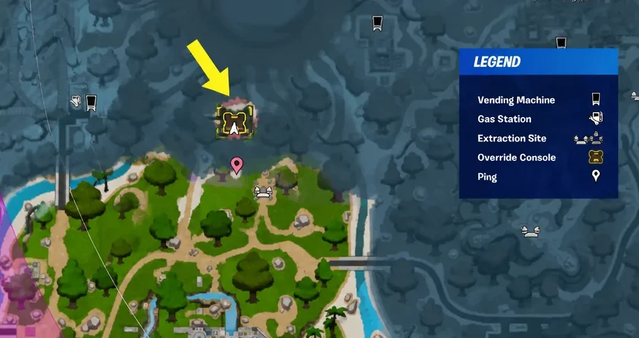 Fortnite map screen with the Override Console marker highlighted mid-match