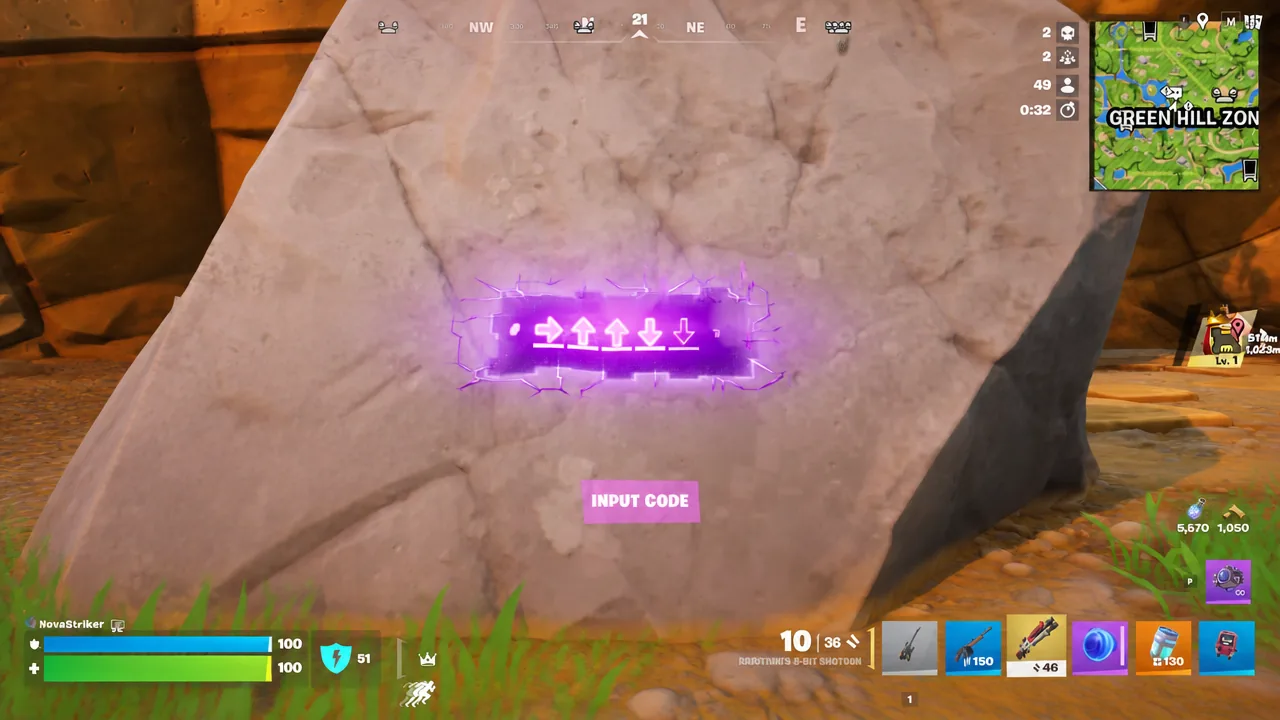 The INPUT CODE prompt at a Cheat Code, with the arrow sequence glowing as the player enters it.