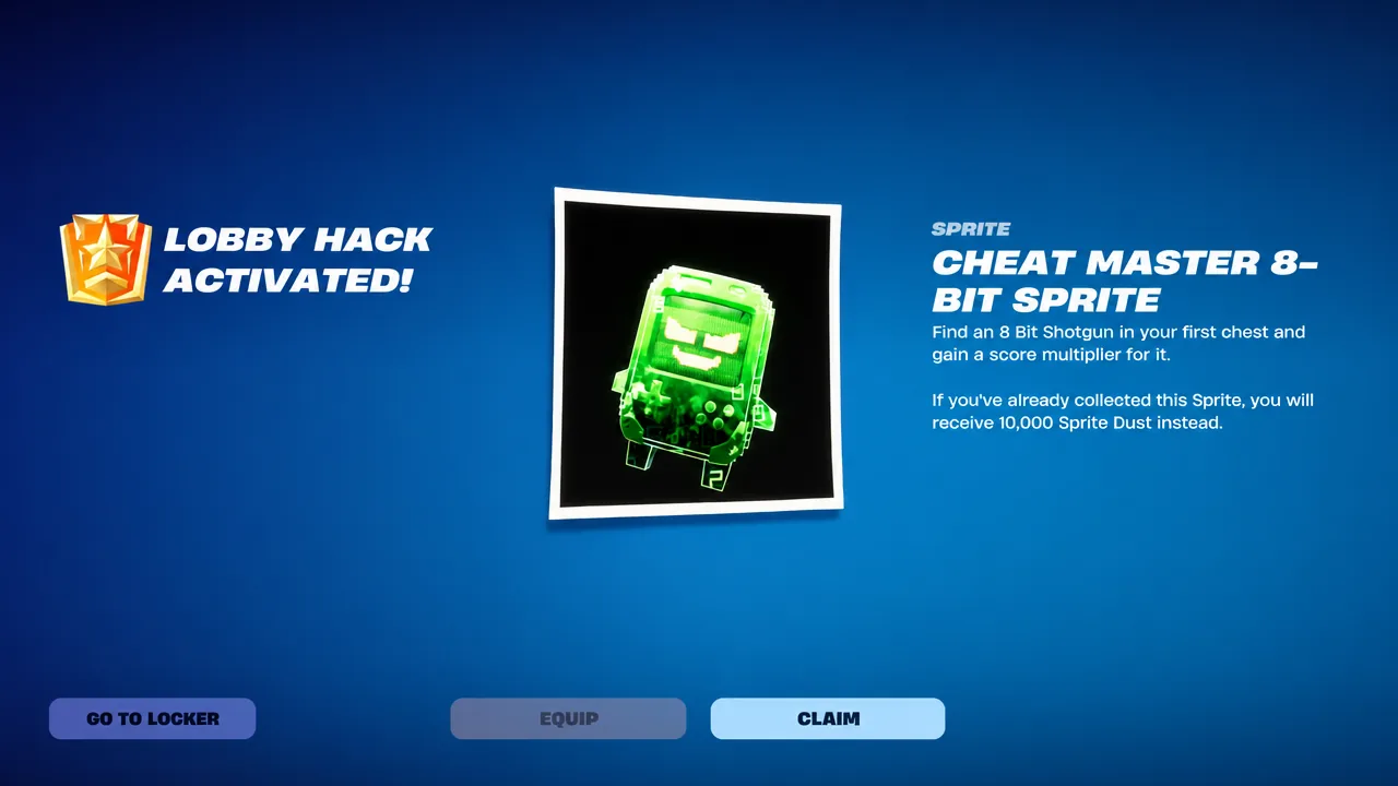 The Lobby Hack Activated screen showing the Cheat Master 8-Bit Sprite with CLAIM highlighted.