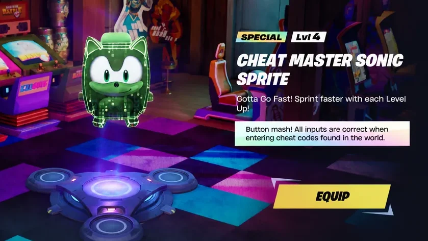 The Spirits menu with a Level 4 Cheat Master Sonic Sprite selected and ready to equip.
