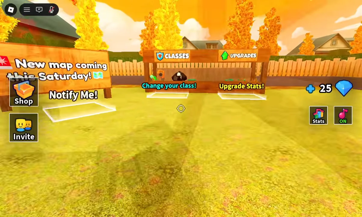Game lobby with the Change your class and Upgrade Stats booths ready for selection