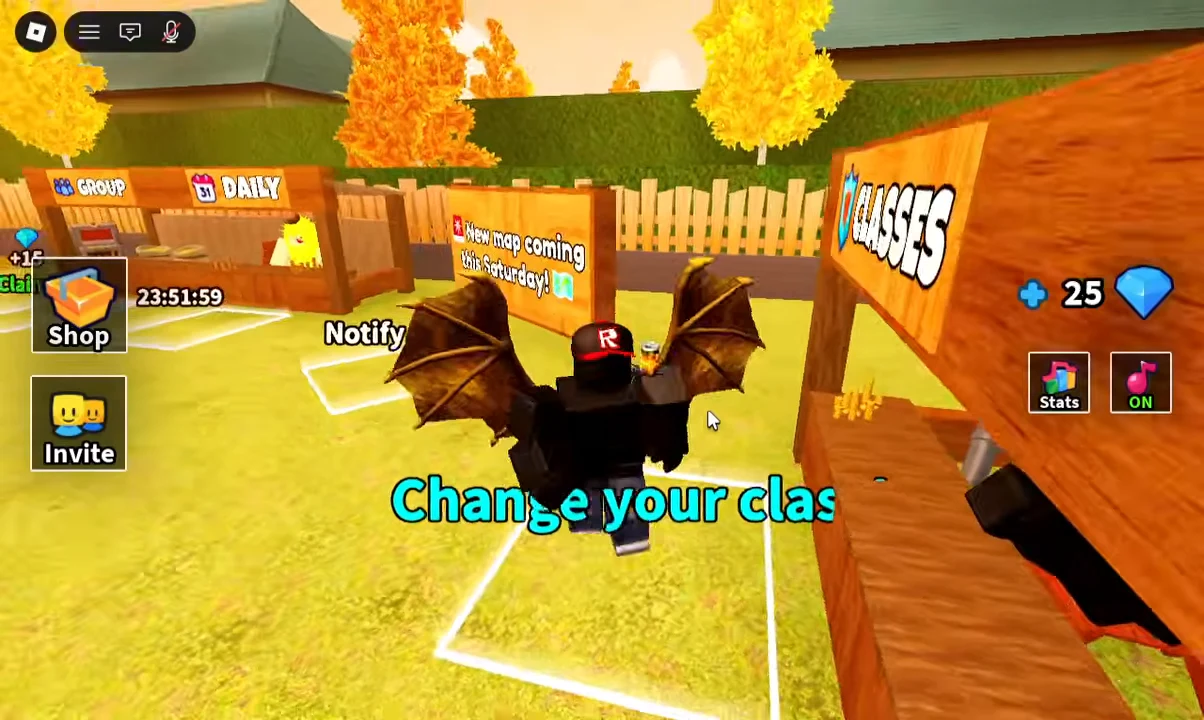 Player stepping into the outlined pad under the CLASSES sign to open the menu