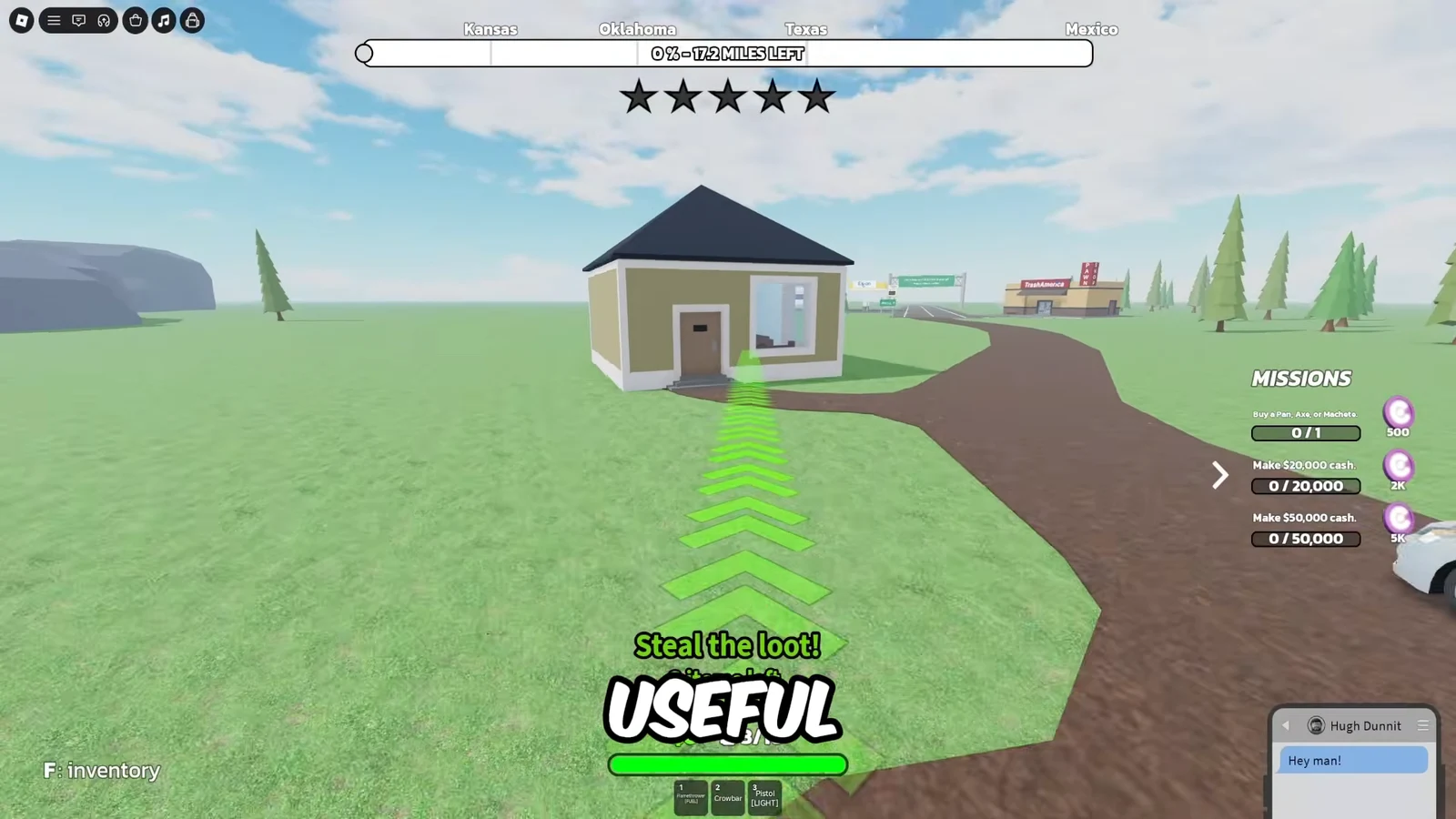 RUNAWAYS Steal the loot objective with green arrows pointing to a roadside house to loot