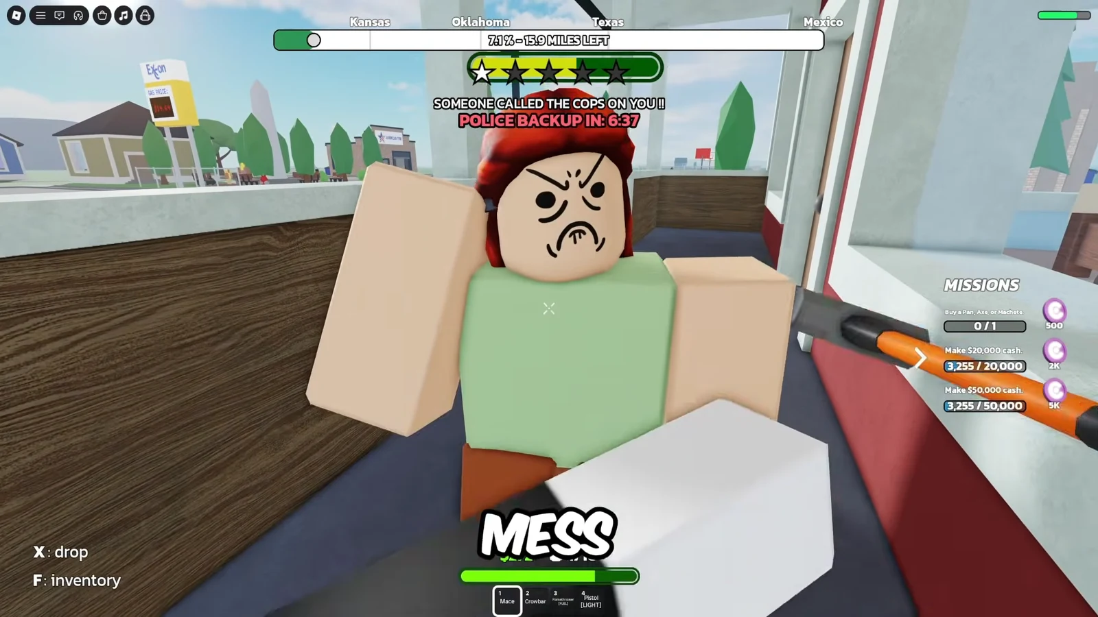RUNAWAYS player striking an NPC with a Mace while a police backup countdown runs on screen
