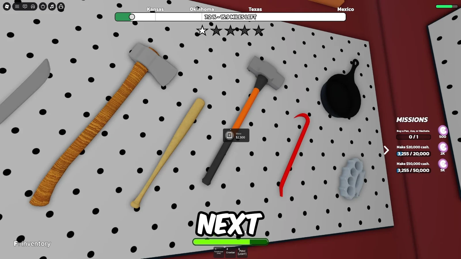 RUNAWAYS tool selection screen showing the Mace at 2500 dollars with an E prompt to equip