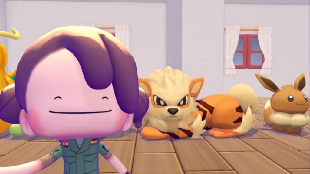 Ditto taking picture with dolls in pokopia