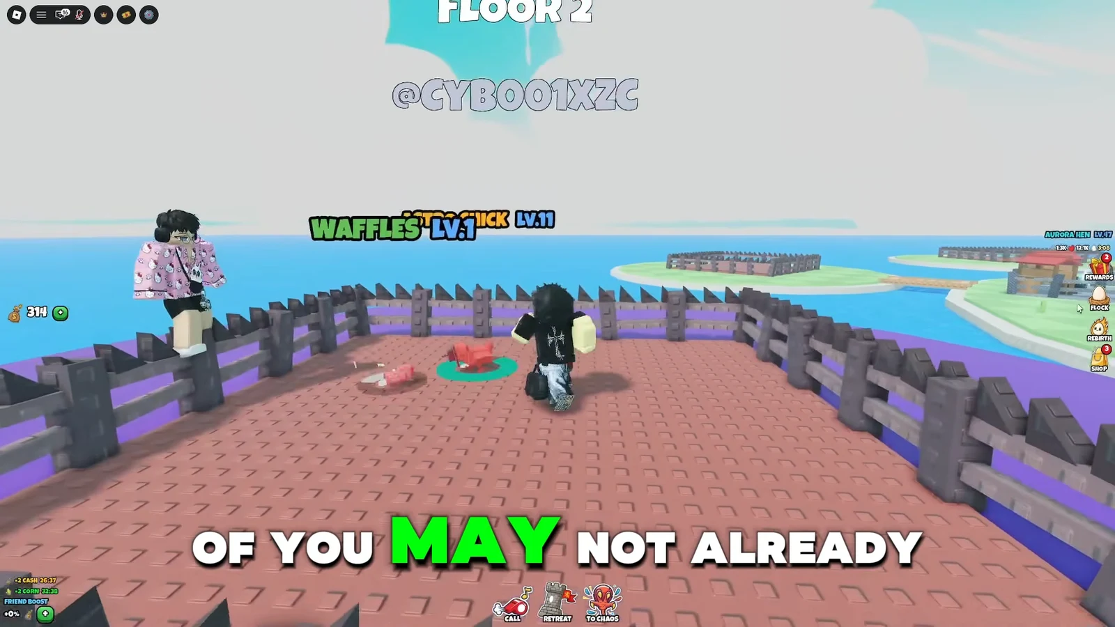 Player approaching a red object on a fenced Floor 2 platform beside Waffles