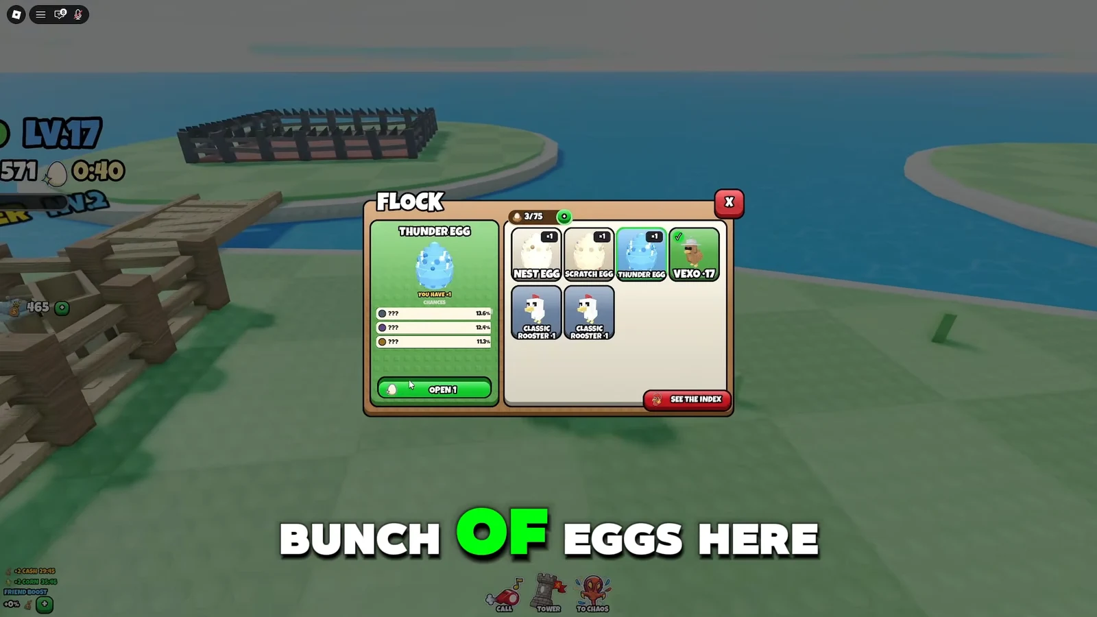 Flock menu with Thunder Egg selected and the Open 1 button ready