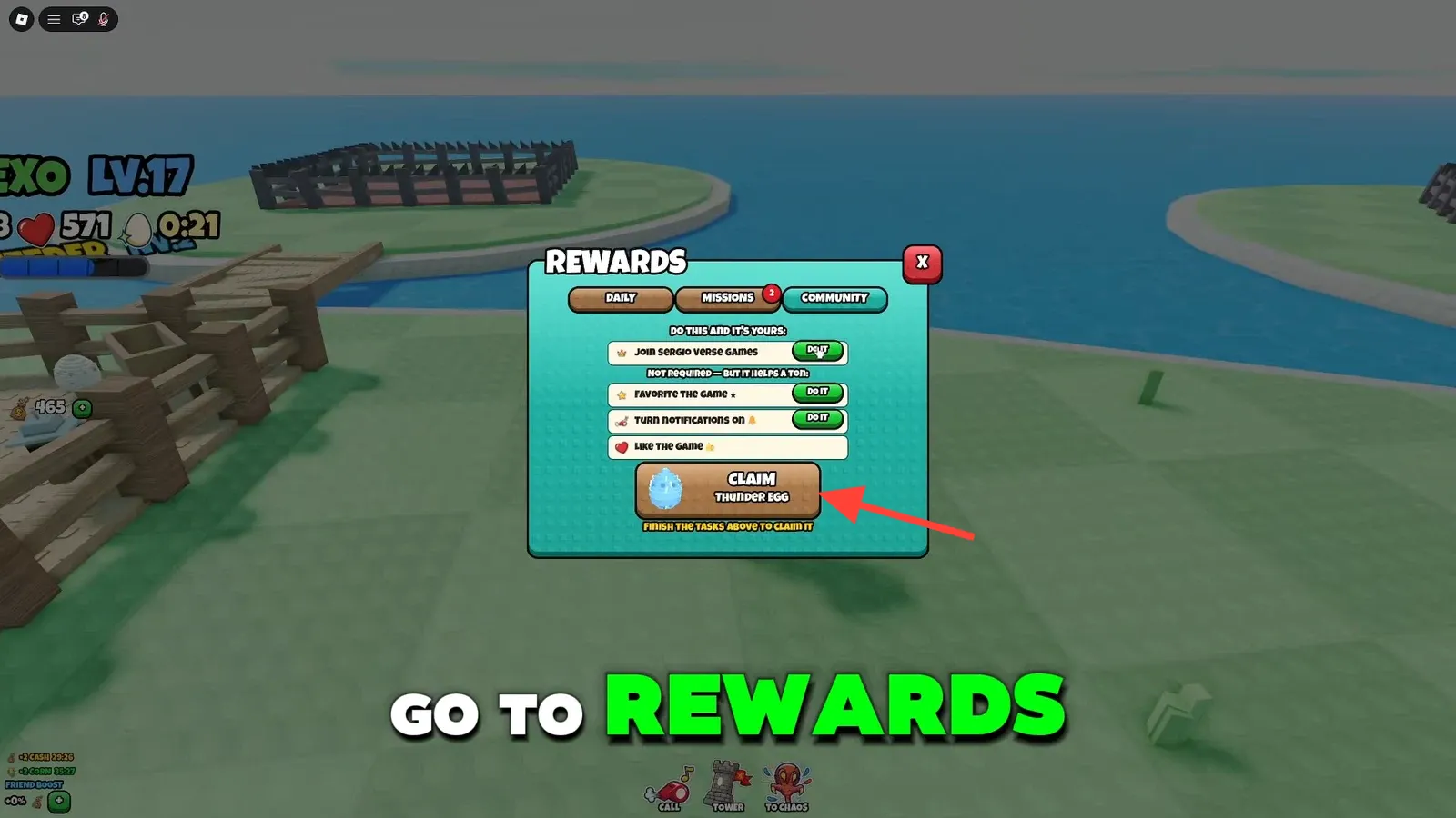 Rewards Missions tab with Do It tasks and a locked Claim Thunder Egg reward