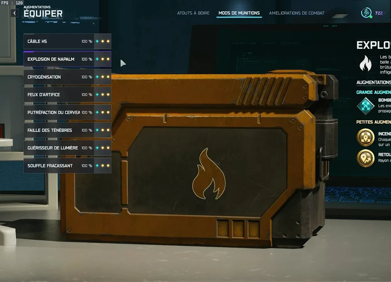 Ammo Mods menu with Napalm Burst selected and its major and minor Augments listed