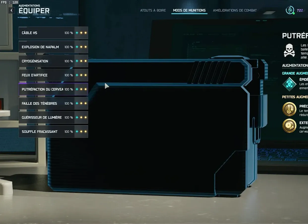 Ammo Mods menu with Brain Rot highlighted and its Augment upgrade effects shown
