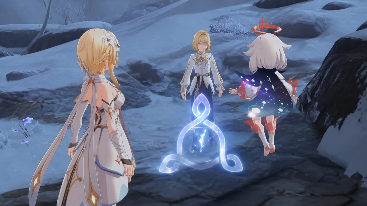The Traveler and Paimon approach a glowing blue rune near a woman in a snowy landscape