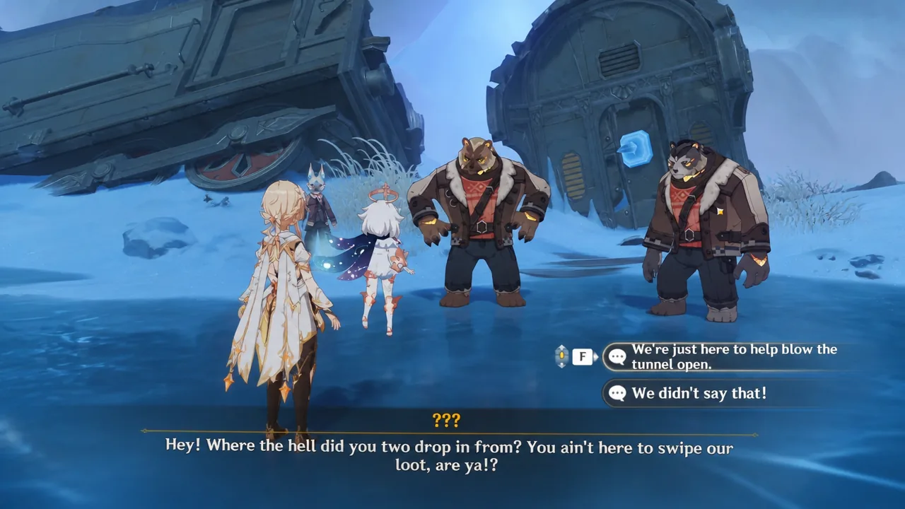 Dialogue choice screen with the option about helping blow the tunnel open highlighted