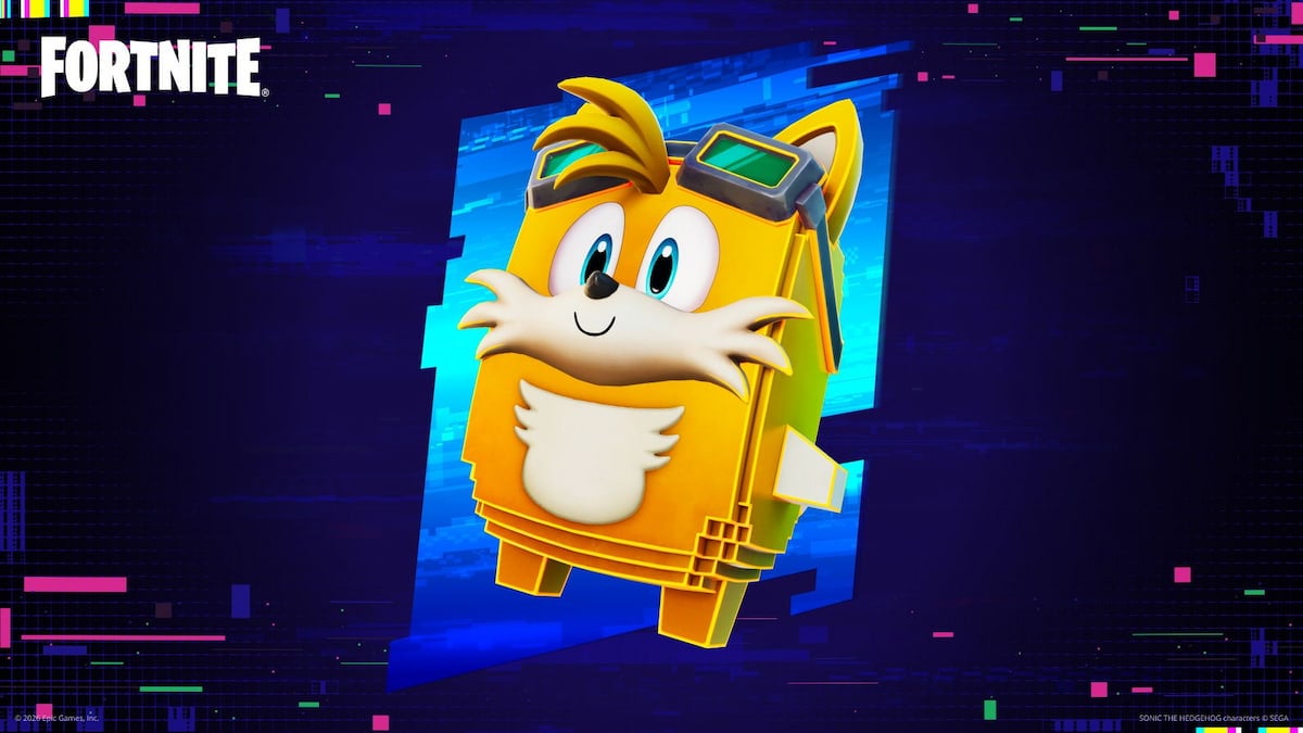 The Tails Sprite floating beside a player character on the Fortnite island