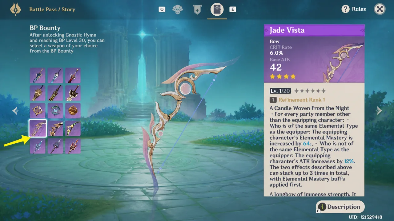 Jade Vista bow selected in the Battle Pass BP Bounty weapon grid