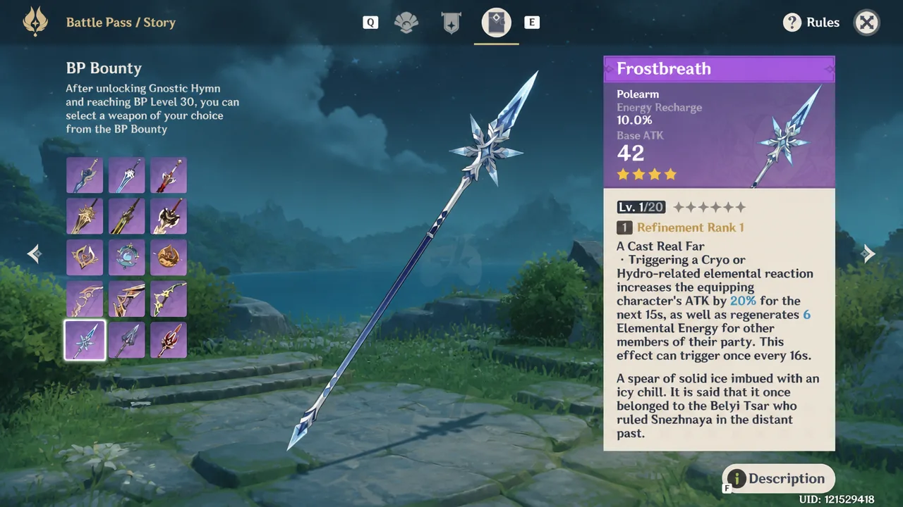 Frostbreath polearm highlighted while selecting a weapon reward at BP Level 30