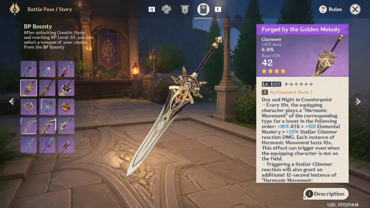 Forged by the Golden Melody claymore highlighted on the BP Bounty screen