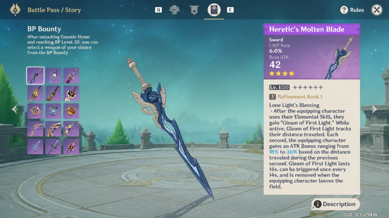 Heretic's Molten Blade selected on the BP Bounty screen with its passive description