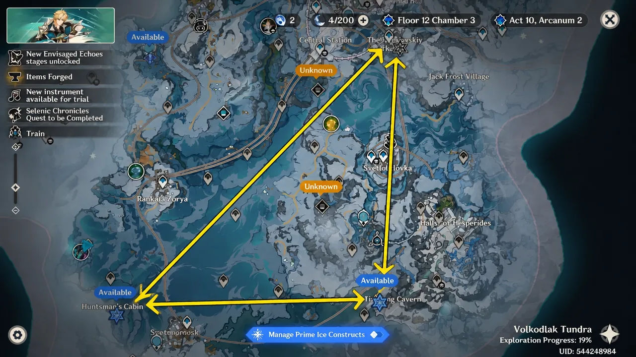 Volkodlak Tundra map with Manage Prime Ice Constructs highlighted