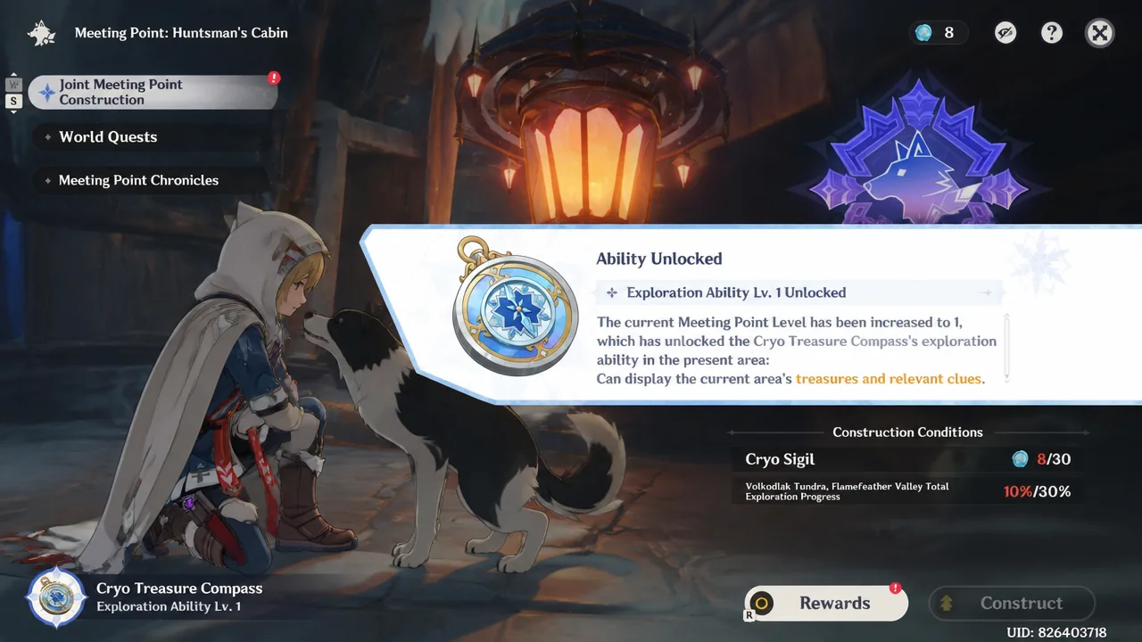 Ability Unlocked notification for Cryo Treasure Compass Exploration Ability Lv. 1