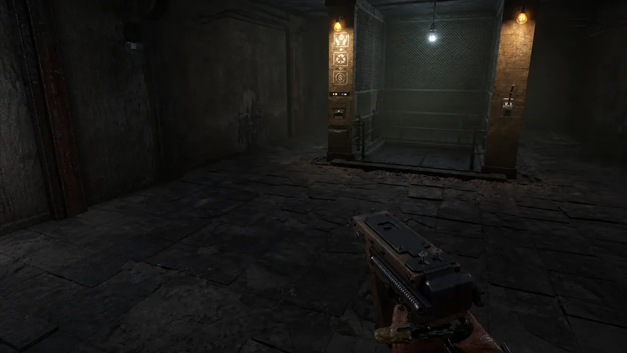 First-person view approaching an industrial elevator with a firearm raised