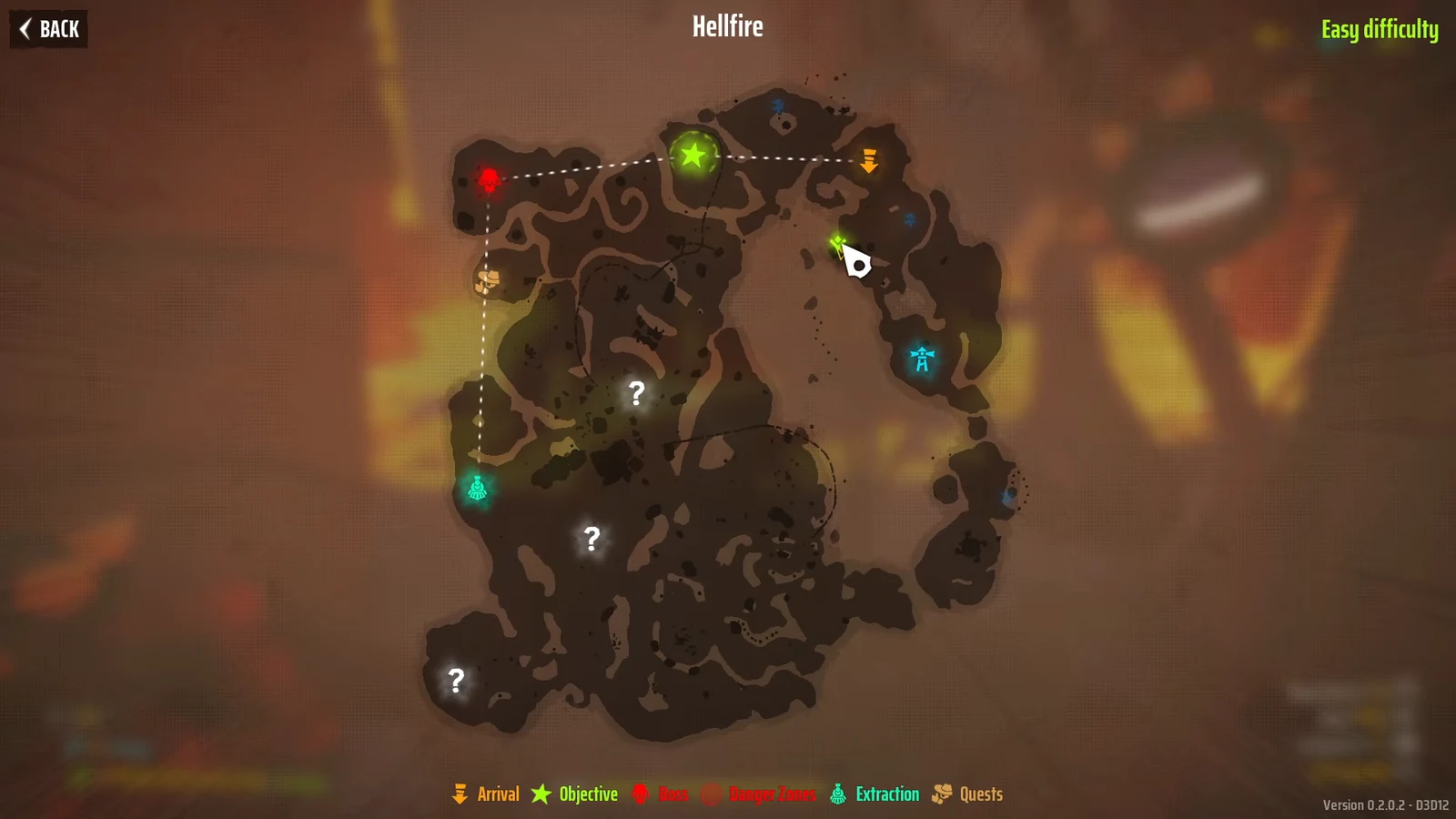 Hellfire map on Easy difficulty showing routes with extraction, boss, danger-zone, and quest icons
