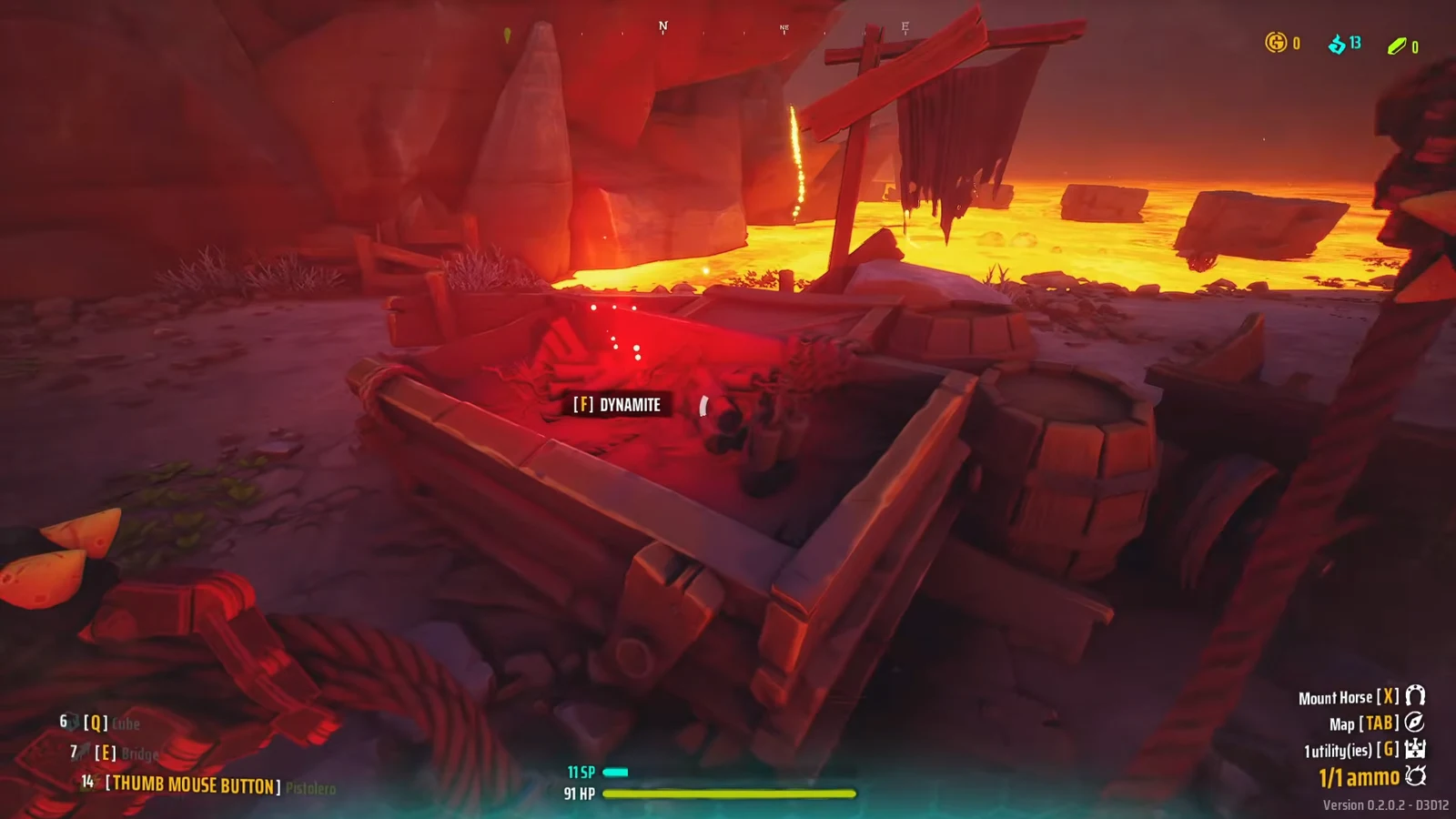 First-person view aiming at a dynamite crate by the lava with the [F] DYNAMITE prompt on screen