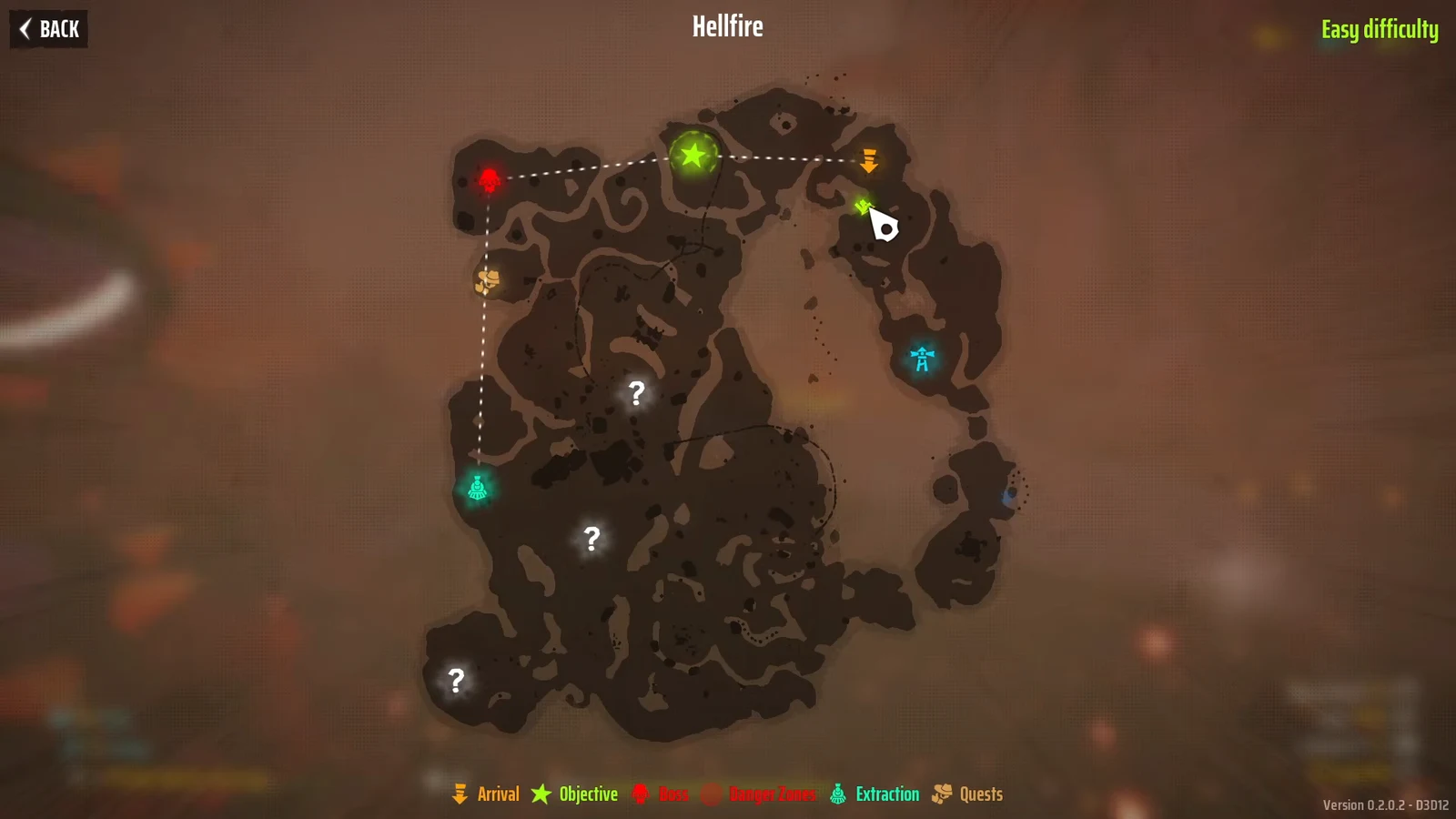 Hellfire map on Easy difficulty with the green player marker near the upper-right corner