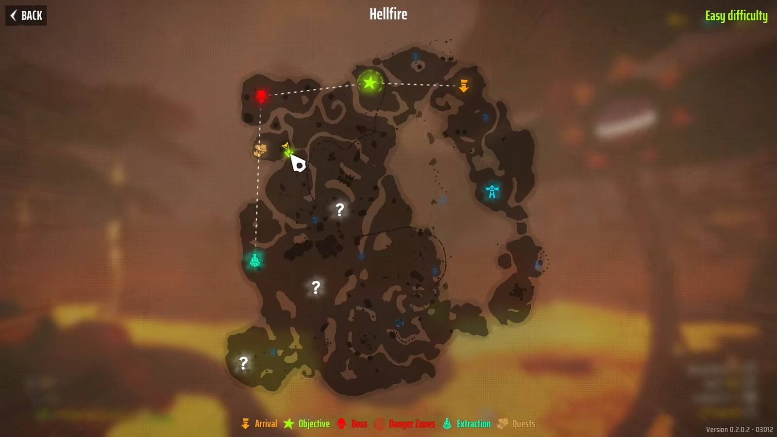 Hellfire map on Easy difficulty tracing a dotted route from Arrival toward the green Objective