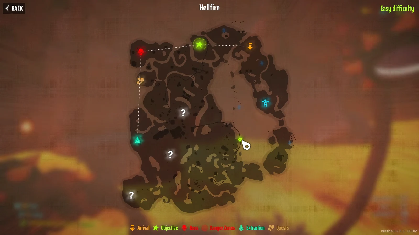 Hellfire map on Easy difficulty with the cursor over the green Objective marker showing the route