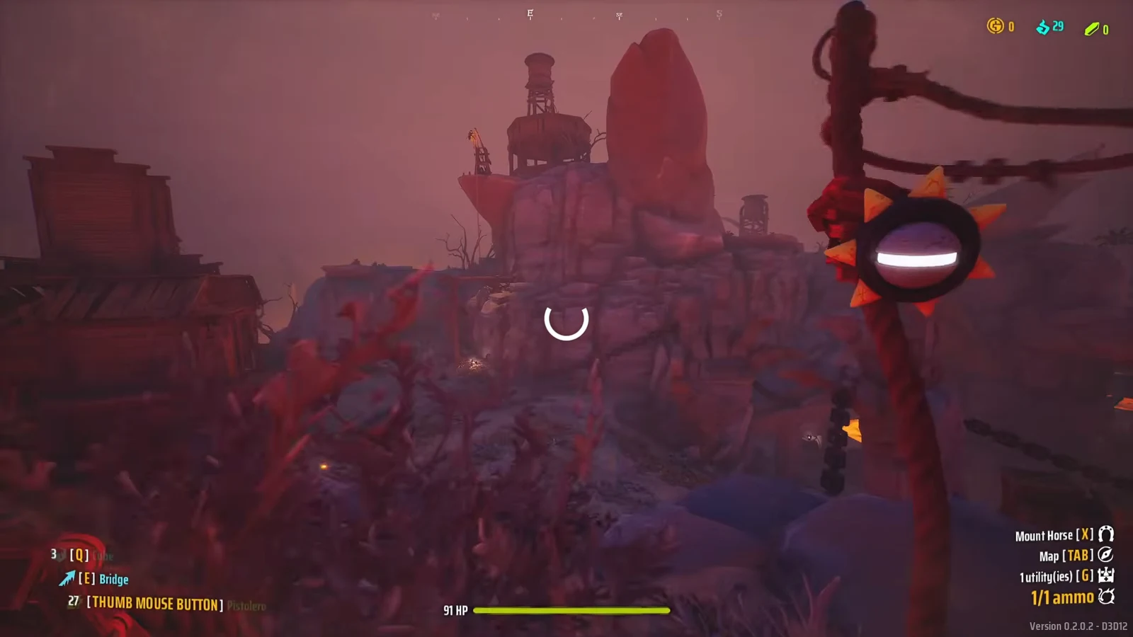 First-person gameplay holding a spiked weapon over rocky terrain with a loading spinner on screen