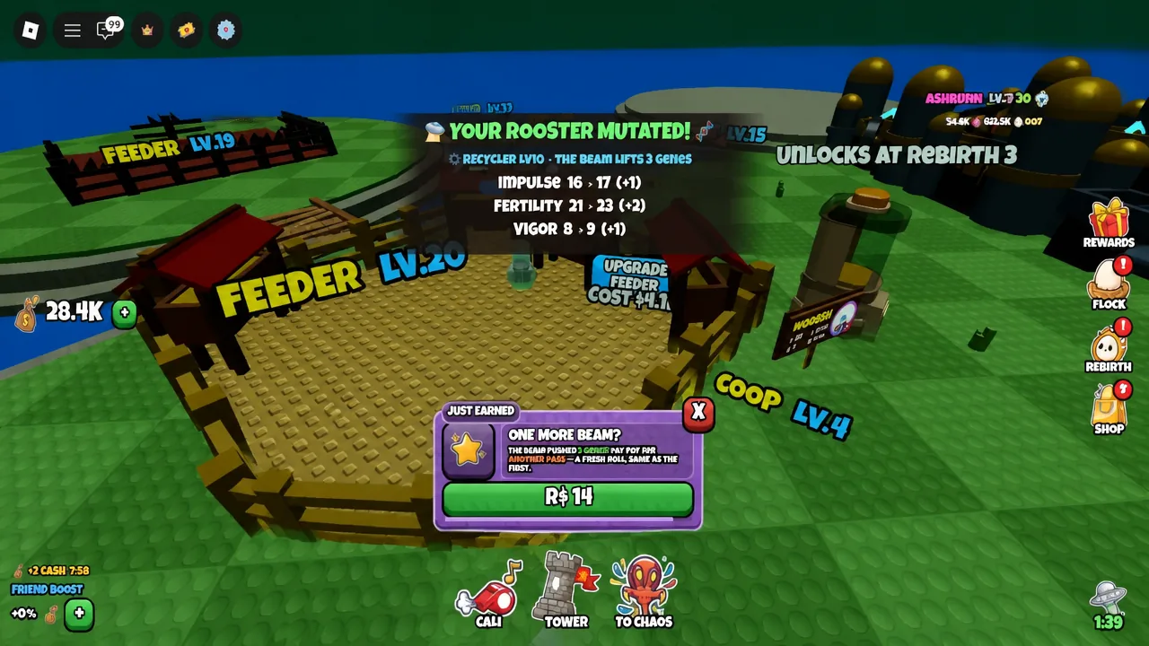 A chicken back at the coop after a UFO abduction, showing its upgraded appearance.