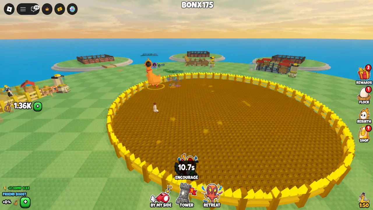 The arena with the Encourage action active and a countdown timer running above the ring.