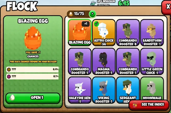 The Flock menu with the Blazing Egg selected and a button to open one egg.